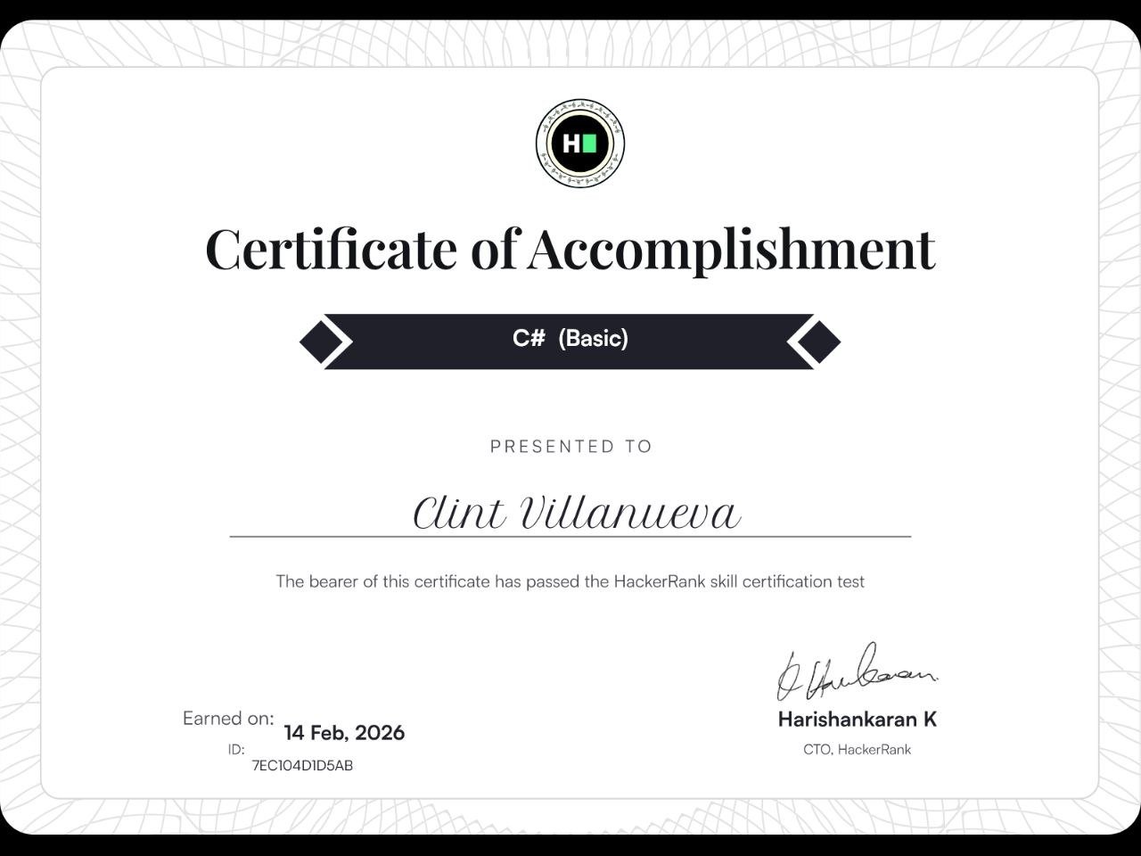HackerRank C# Basic certificate