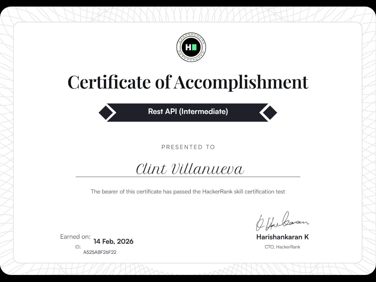 HackerRank REST API Intermediate certificate
